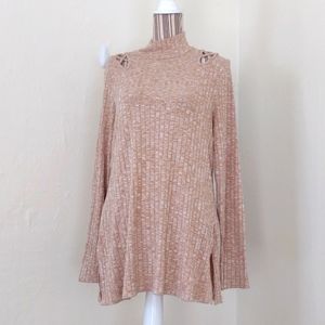 Zac & Rachel Tan Ribbed Knit Long Sleeve Mock Neck Shoulder Cut Out Sweater L